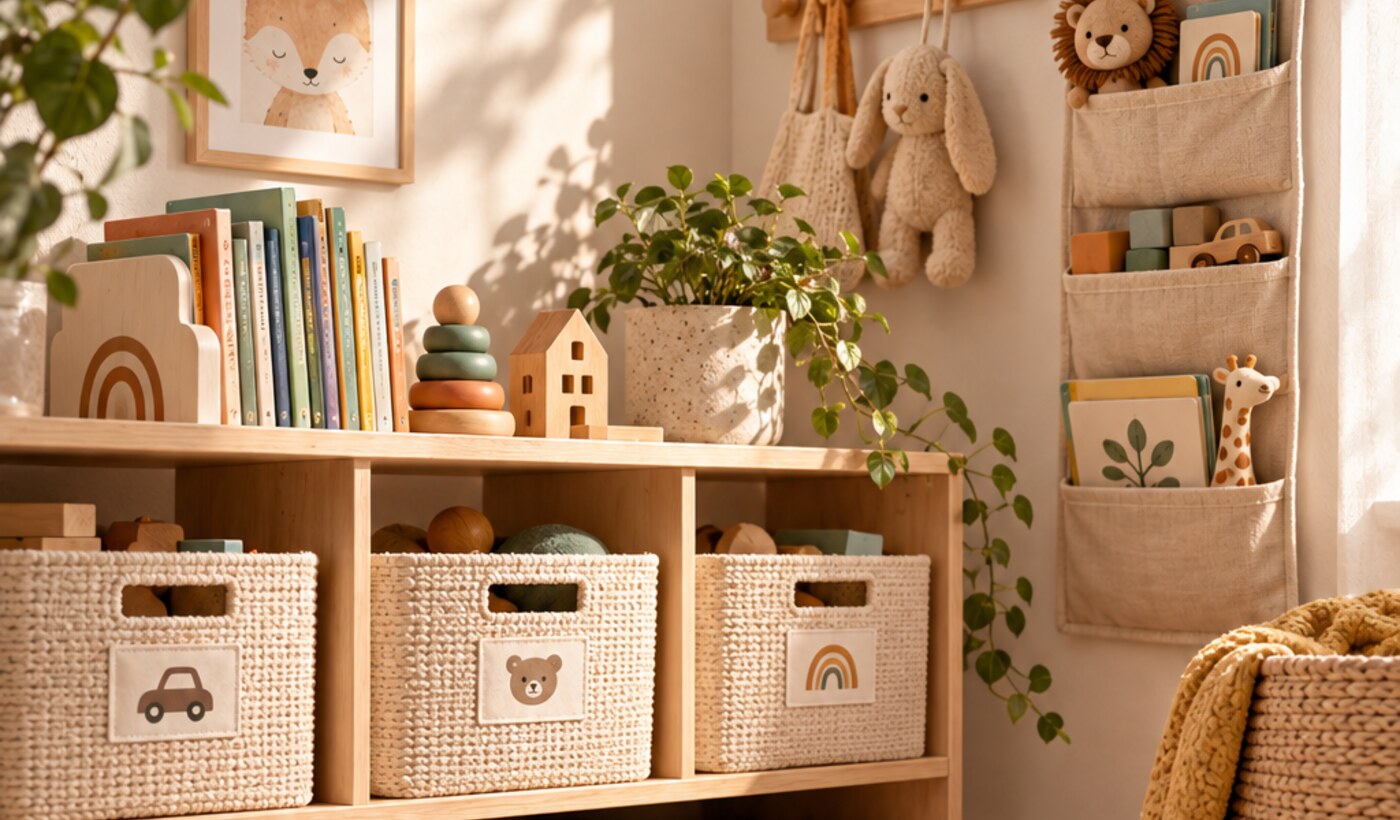 Ein übersichtliches Kinderzimmer mit einfachen Ordnungssystemen